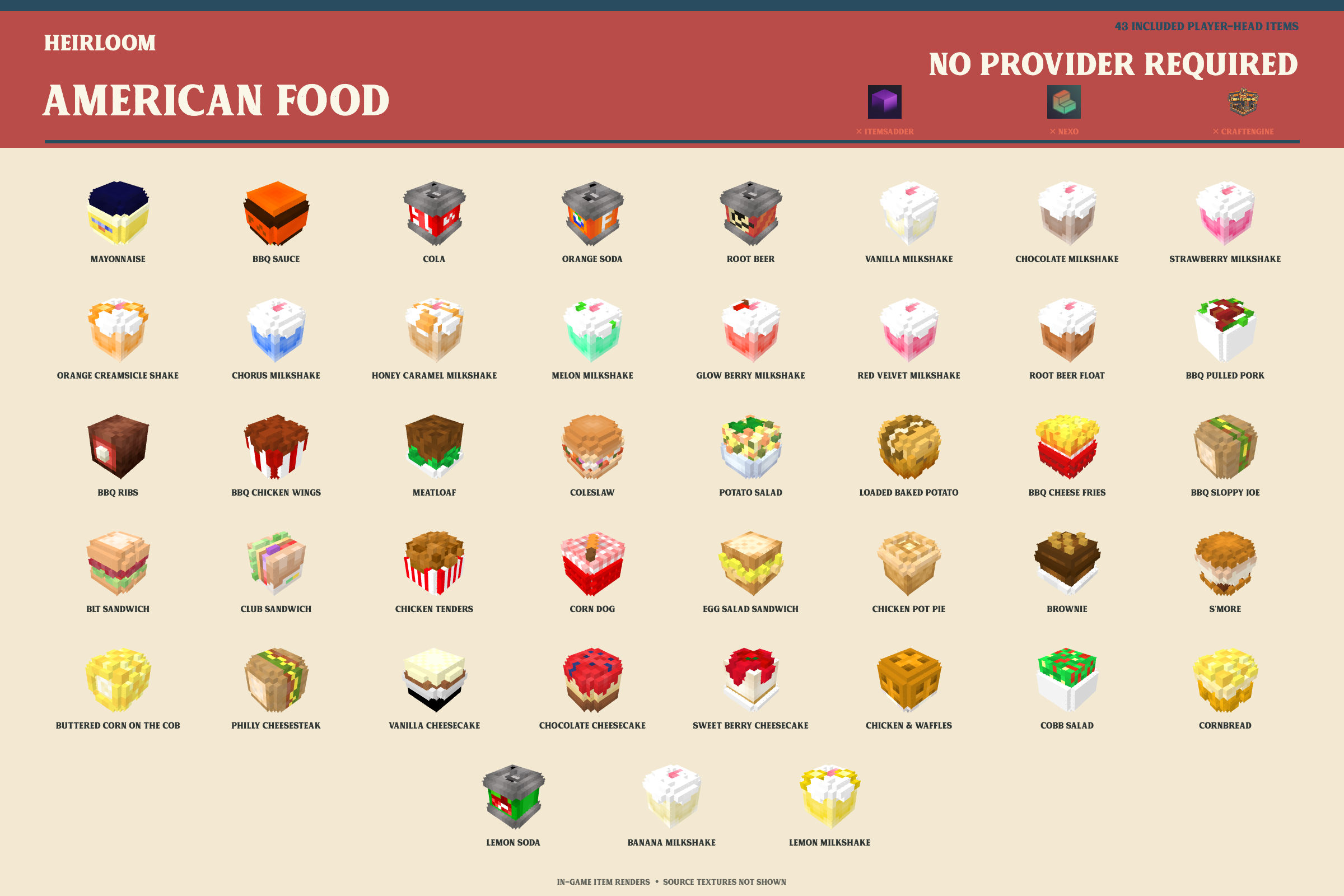 Todos los 43 visuales de comida americana de cabeza de jugador incluidos sin proveedor requerido