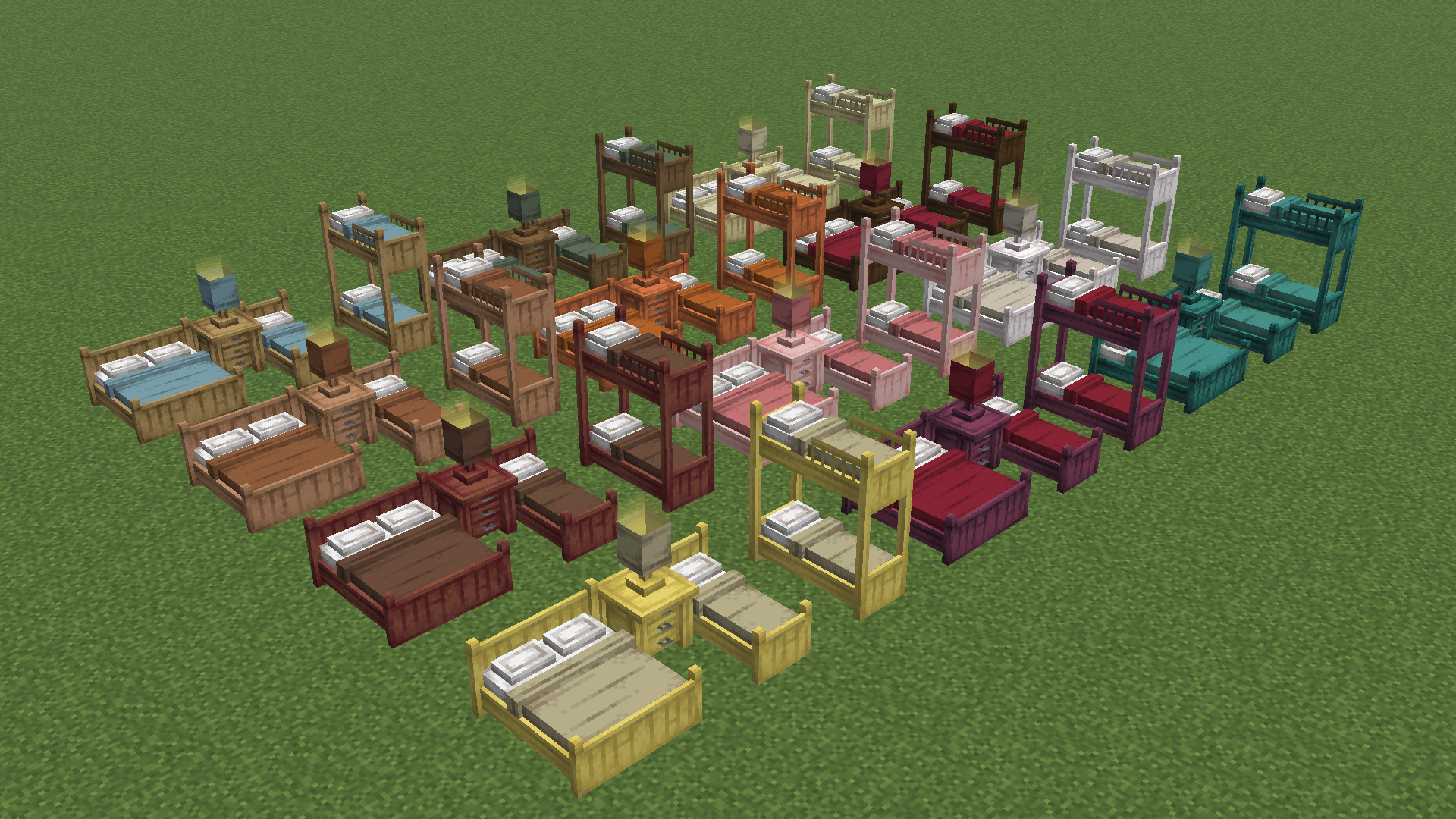 Beds, nightstands and table lamps in all the wood variations