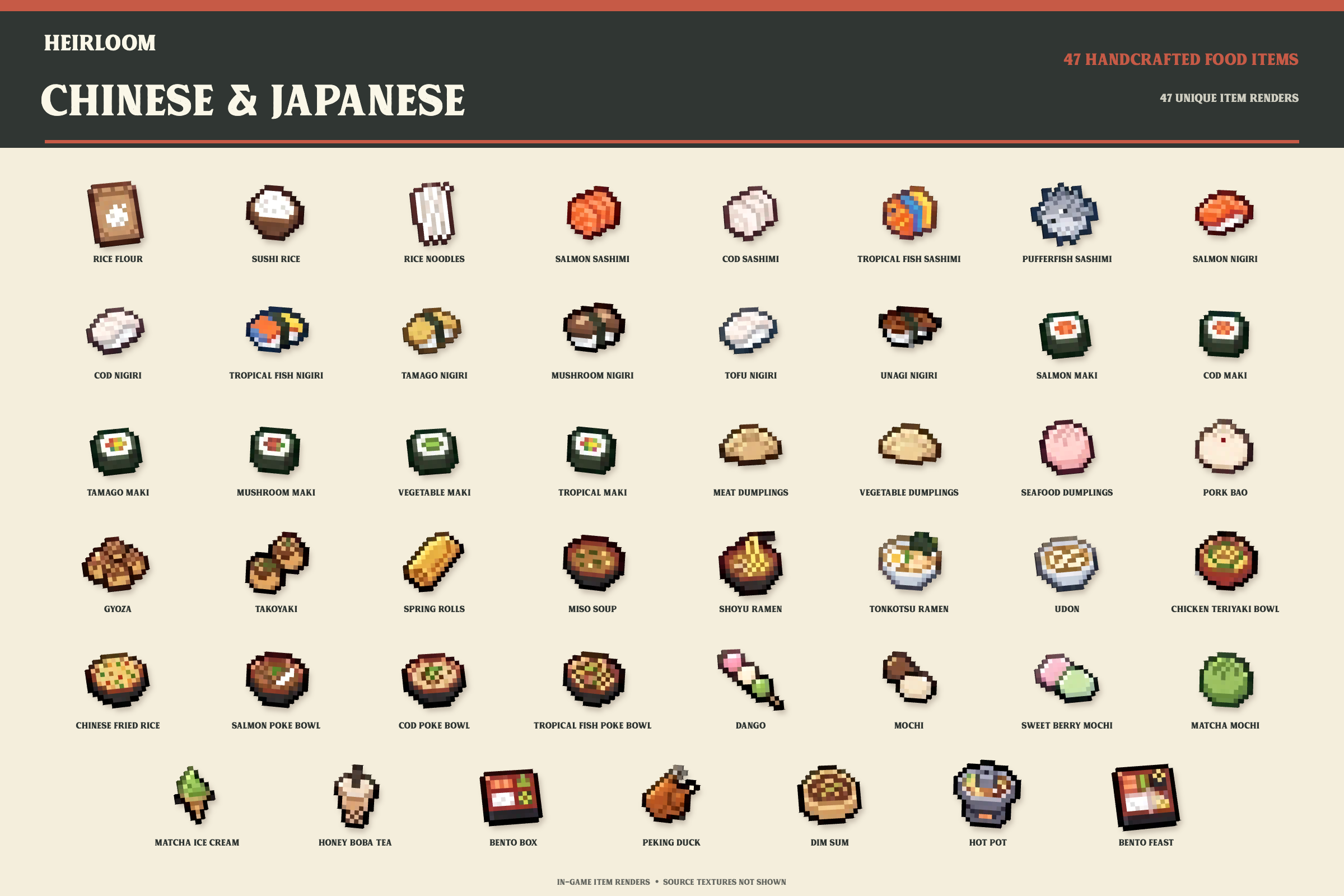 Catalog of 47 Chinese and Japanese food item renders; source textures are not shown.