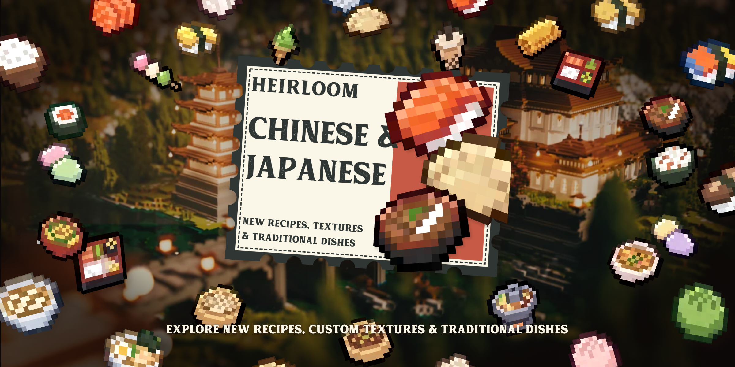Chinese and Japanese food sprites surrounding the Heirloom Asian Food Pack title over an East Asian temple scene.