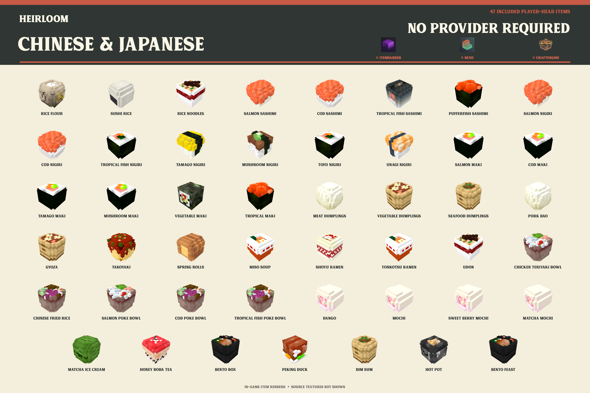 All 47 vanilla-ready Chinese and Japanese player-head item renders with no visual provider required