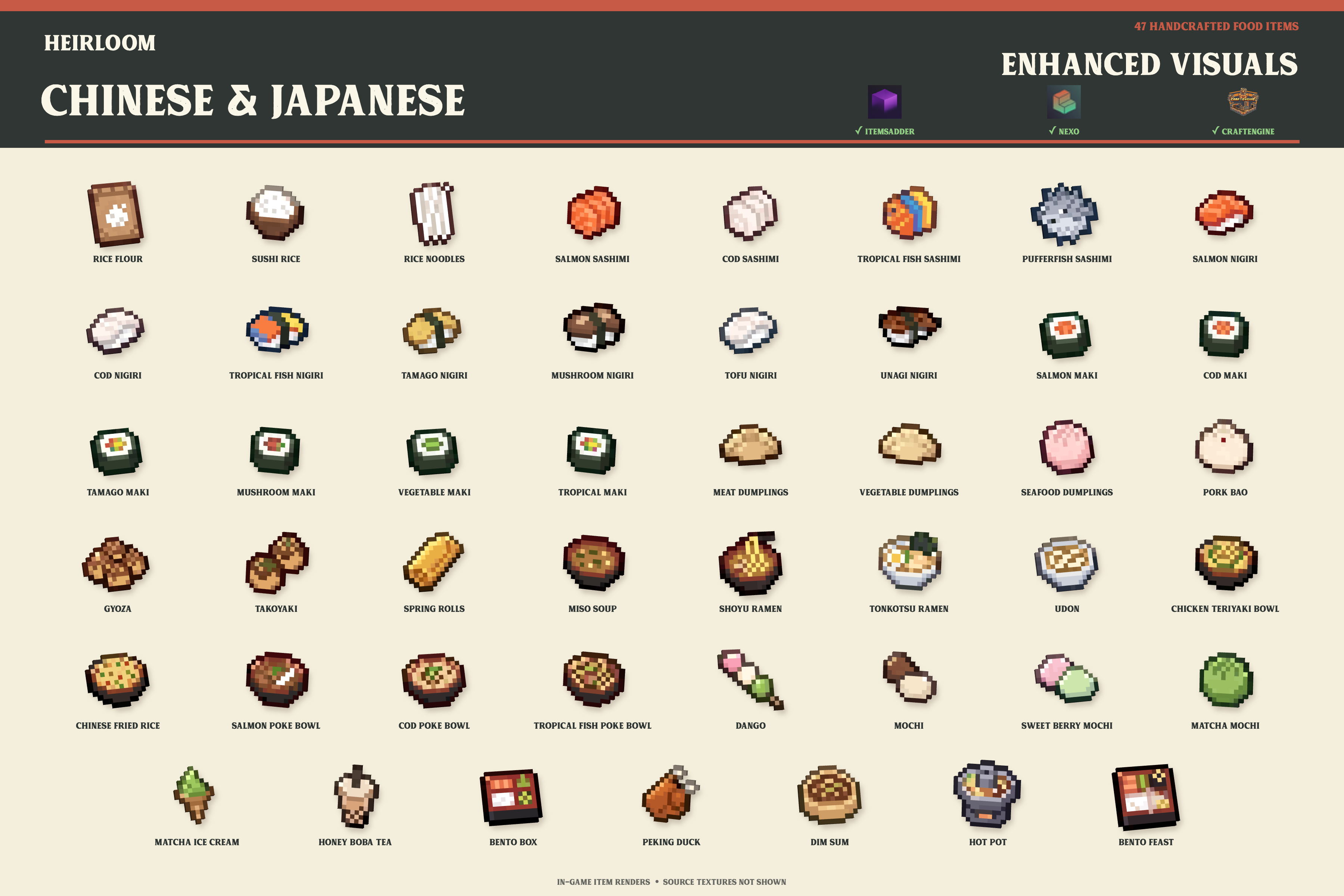 Catalog of 47 Chinese and Japanese food item renders; source textures are not shown.