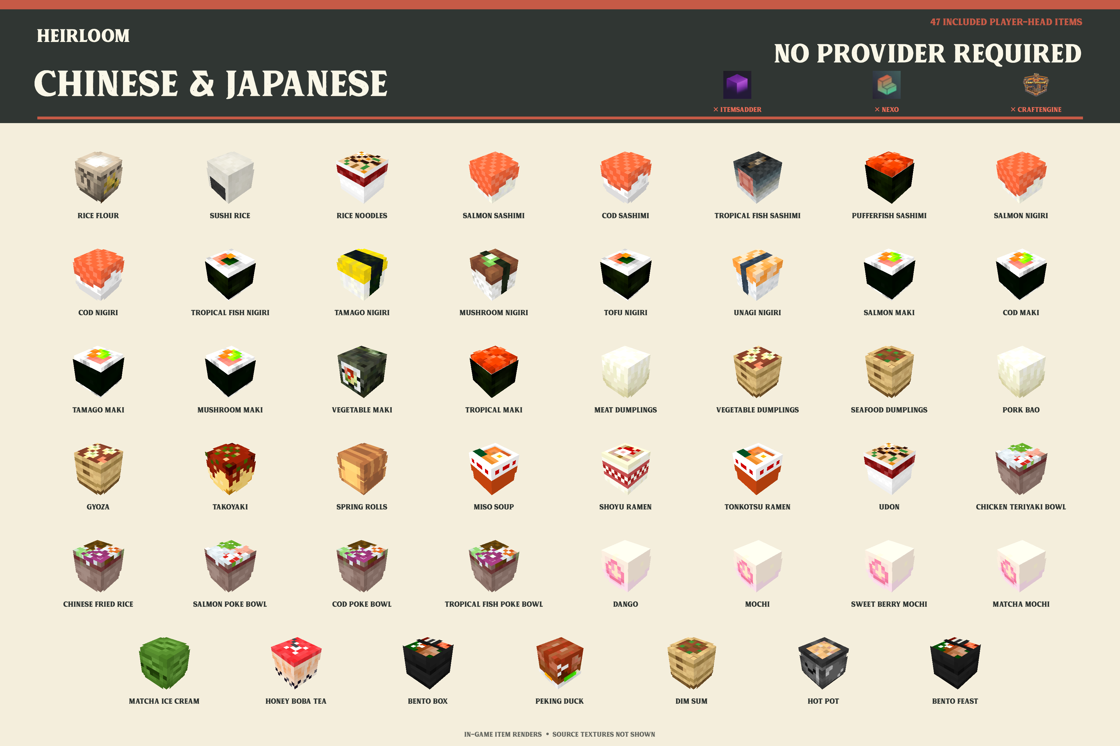 All 47 vanilla-ready Chinese and Japanese player-head item renders with no visual provider required