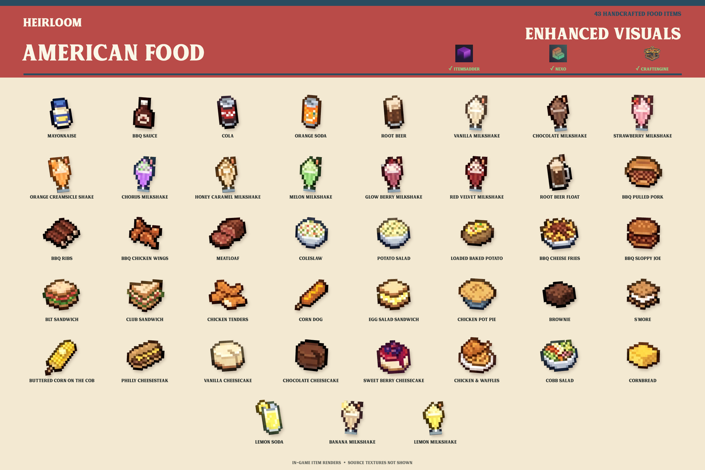 All 43 enhanced American food visuals for Nexo, ItemsAdder, and CraftEngine