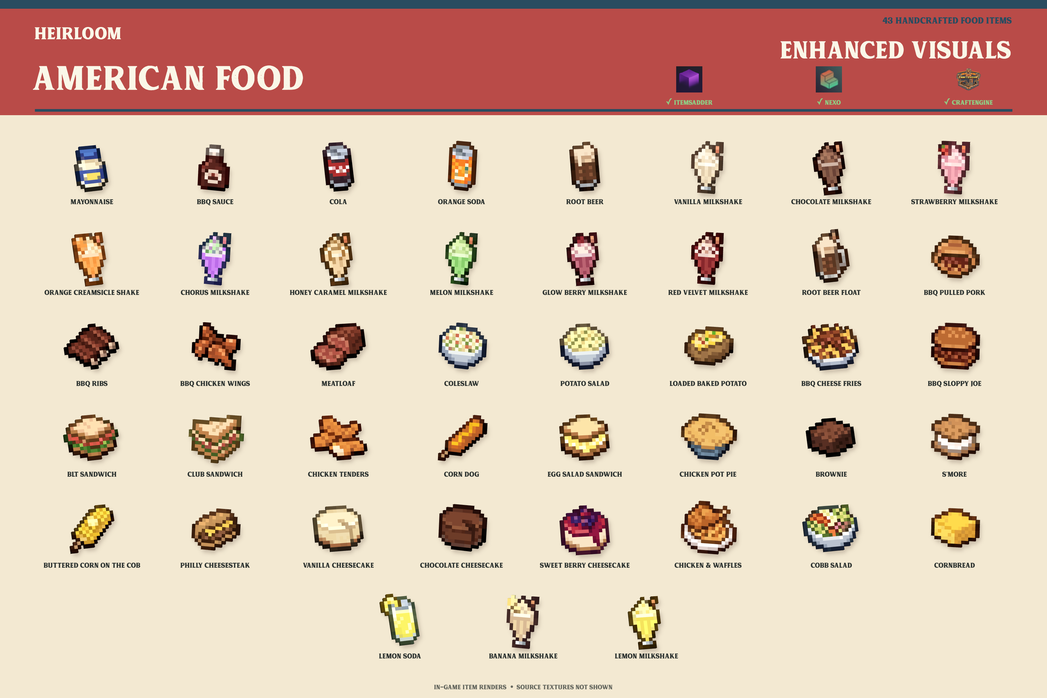 All 43 enhanced American food visuals for Nexo, ItemsAdder, and CraftEngine
