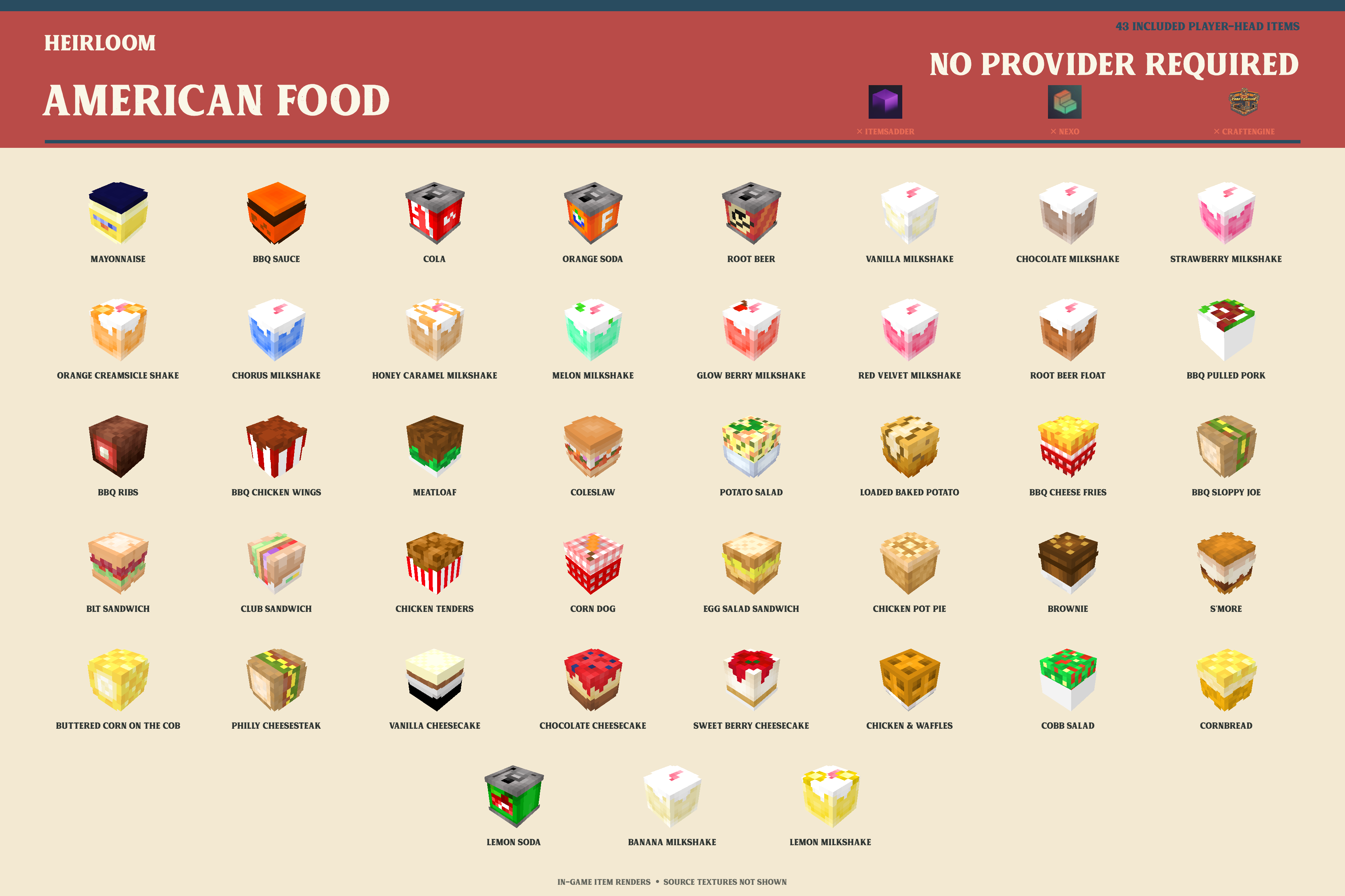 All 43 included American food player-head visuals with no provider required