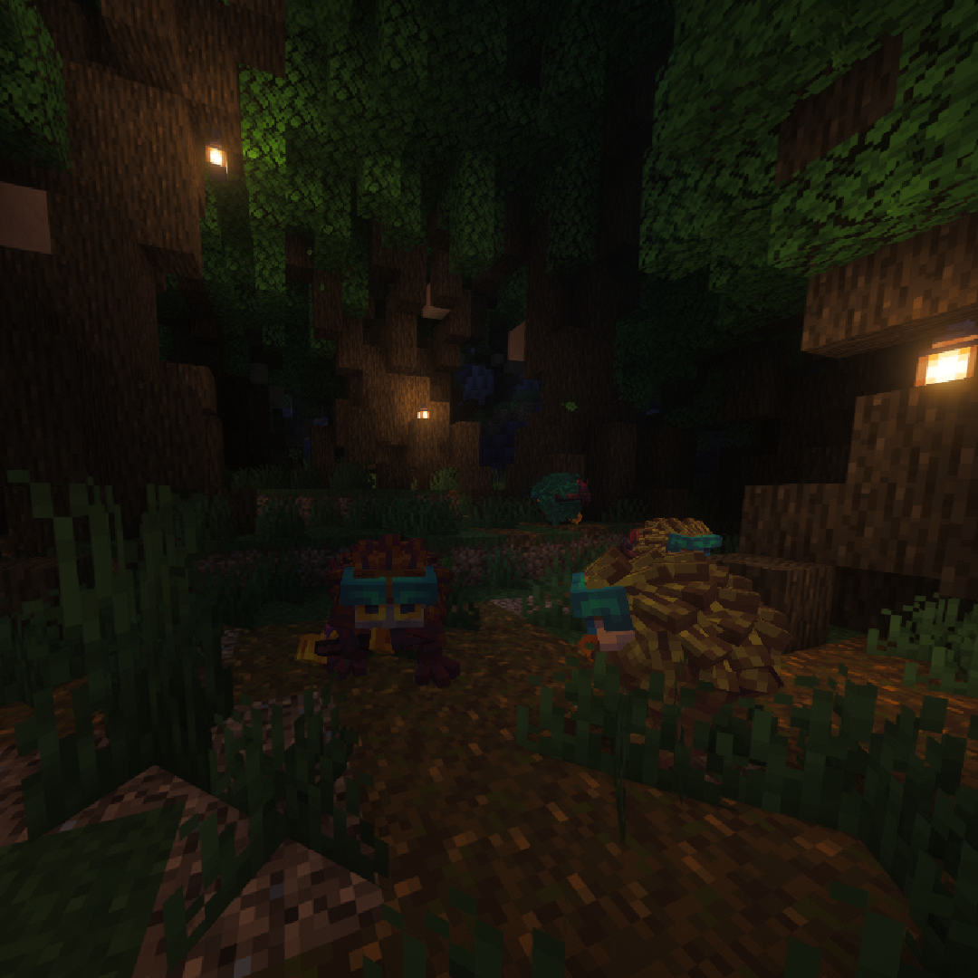 Bramblekin variants together on a forest path