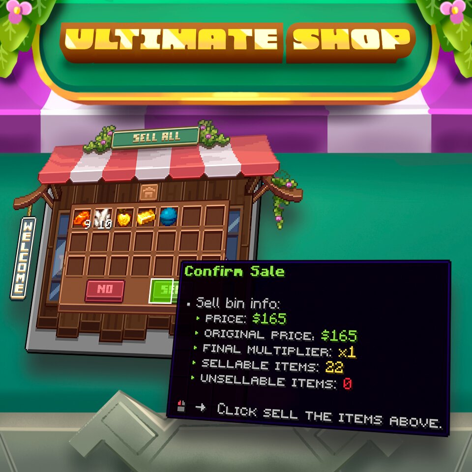 UltimateShop sell-all confirmation menu showing price, item count, and multiplier — custom GUI for CraftEngine, ItemsAdder, Nexo, and Oraxen