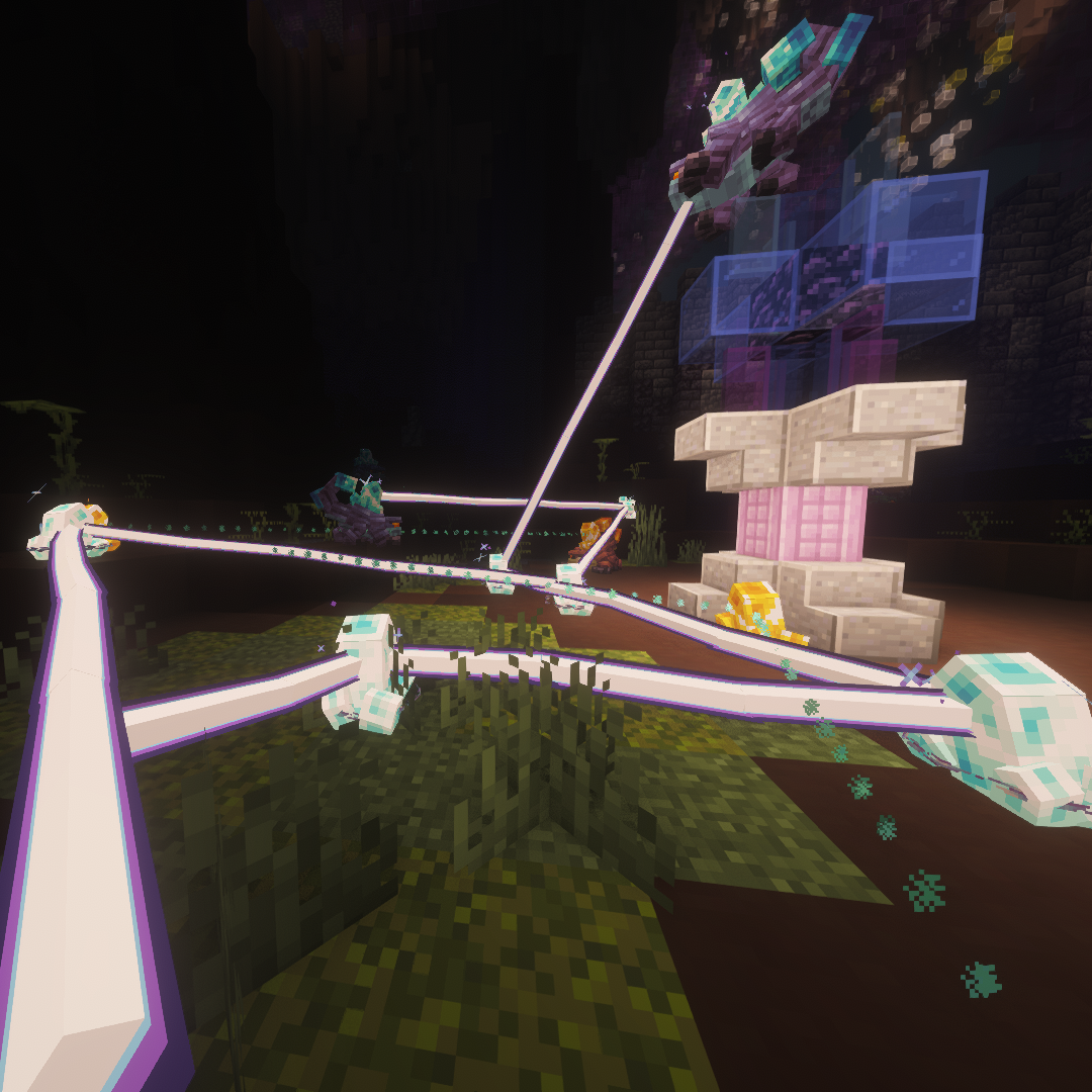 Glint prisms forming beam routes across a crystal cavern